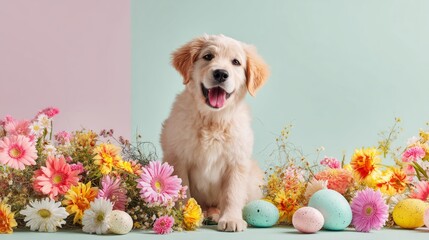 Easter decoration chick ornaments festive banners. Adorable Golden Retriever Puppy with Easter Eggs and Flowers Displaying Joyful Spring Festive.