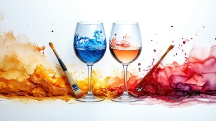 art and wine night banner with paintbrushes wine glasses and creative splashes of color ready to advertise summer sip and paint deals,stock image