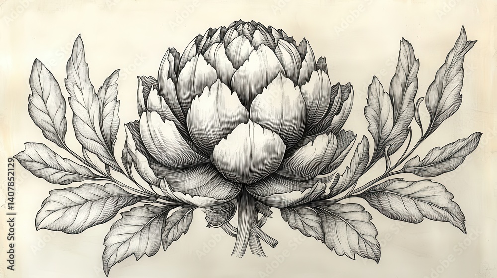 Poster artichoke with intricate layers of leaves drawn in an engraved woodcut style sketch engraving generative ai raster illustration scratch board imitation black and white image