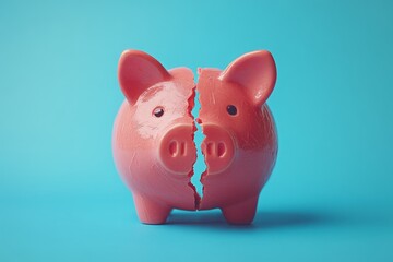 Pink piggy bank broken in two halves is showing financial crisis concept on blue background
