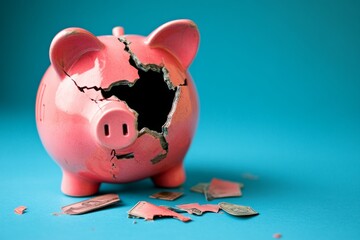 Pink piggy bank broken with dollar bills scattered around, representing economic crisis and loss of savings