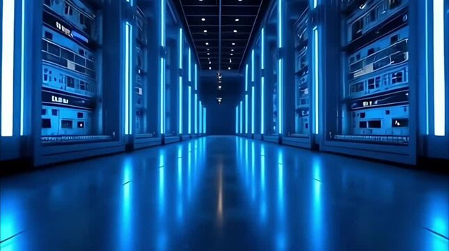 Blue Glowing Data Center Server Room Background