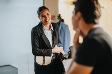 A friendly businesswoman smiling as she converses with a colleague indoors. The setting conveys...