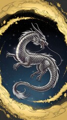 Obraz premium An image of a majestic silver dragon gracefully navigating through a night sky filled with stars. The dragon's intricate details and the surrounding gold elements create a captivating visual.