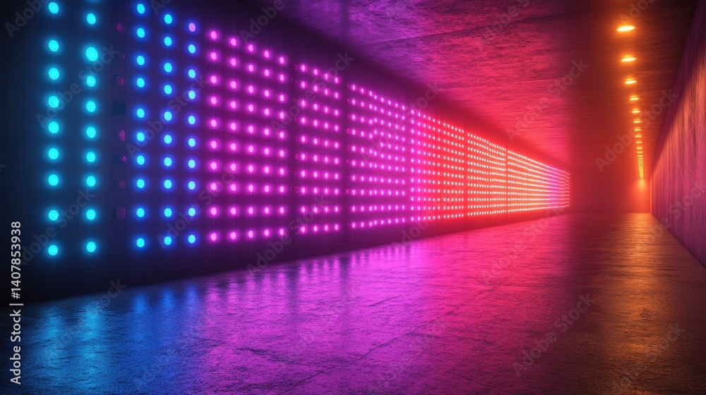 Poster authentic concave led display for a wall or platform large tv display depicted in a vector illustration,neon blue,purple dot lights stadium digital scoreboard,diode lights,photo stock