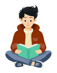 cheerful cartoon boy sitting cross-legged reading a book child is wearing an hoodie, showcasing a happy expression vector illustration isolated on white background
