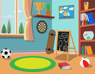 cozy children boy room filled with toys, books, a dartboard, a soccer ball and other sports equipment vector illustration