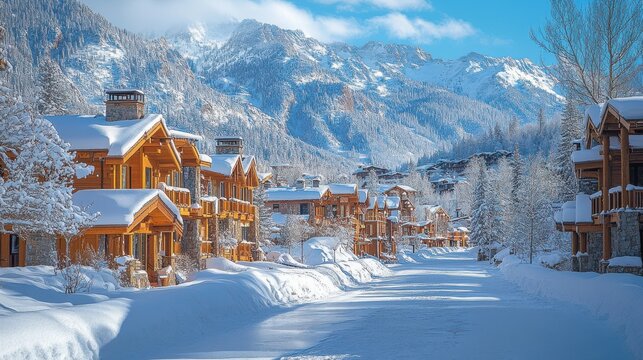avon colorado small town mountain village in winter snow view of rocky mountains,modern apartment architecture by vail,stock image
