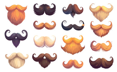 mustache cartoon. beard set, mask wig male face element style old-fashioned disguise mask hair barbershop vector illustration