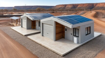 Large-scale solar installation in an arid field with dirt access roads and inverter sheds, utility-level clean energy