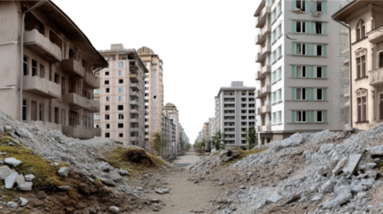 Urban Ruins: A desolate urban landscape showcases the stark remnants of former buildings, conveying a sense of societal upheaval and abandonment.