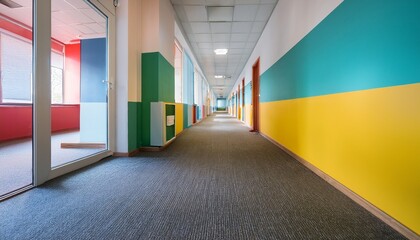 Fototapeta premium an empty hallway of educational institution with colored painted walls school or kindergarten corridor interior