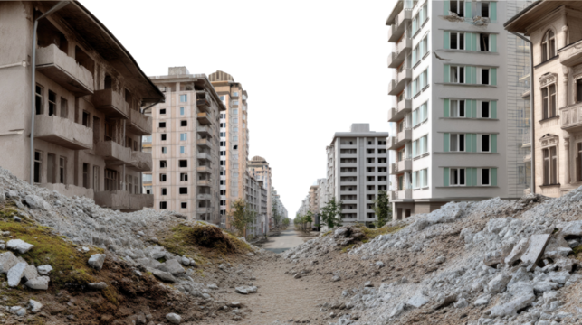 Urban Ruins: A desolate urban landscape showcases the stark remnants of former buildings, conveying a sense of societal upheaval and abandonment.