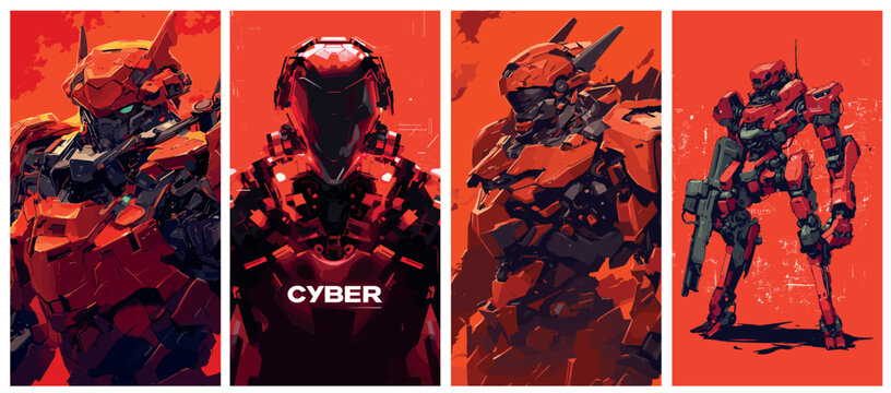 robot cyborg cartoon set. military robots on red background, cyborgs cyber game character bionic iron artificial digital technology fiction fantasy vector illustration