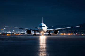 Airplane on the runway at dusk.