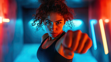 strong hispanic woman with curly hair in sportswear punching forward against vibrant backgrounds with neon lights. empowerment, strength, boxing or fitness motivation. gym poster, fitness blog.