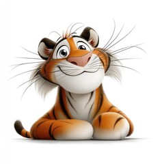 Cheerful cartoon tiger illustration sits against a white background.