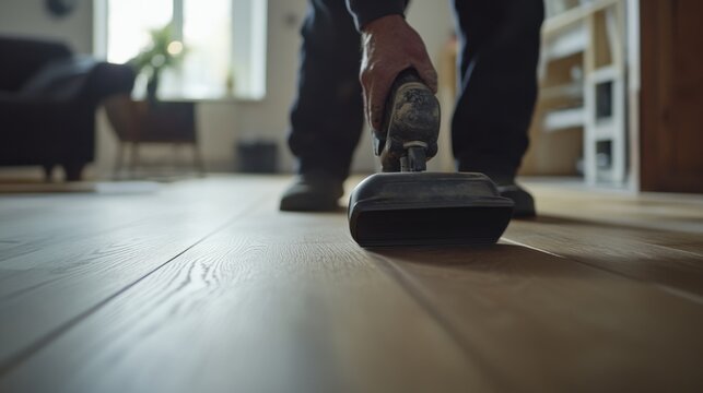 Carpenter sanding wooden floors in a living room. Featuring finishing techniques and attention to detail