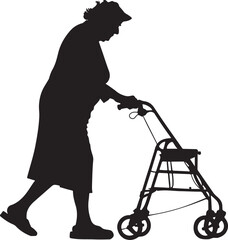 Black vector silhouette of a old woman walking illustration