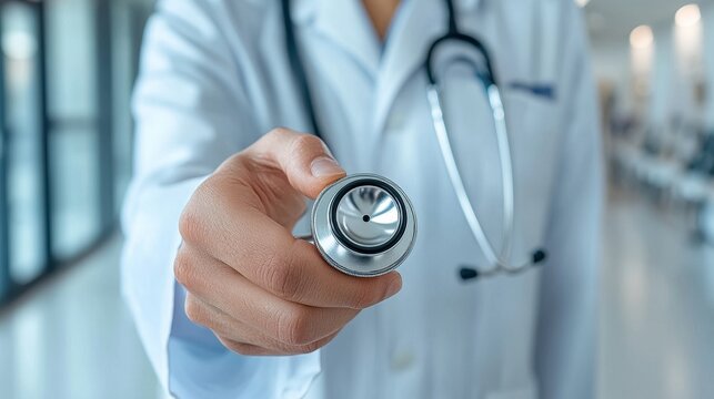 A healthcare professional presenting a stethoscope, emphasizing medical expertise and readiness in a hospital or clinical setting.