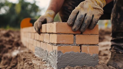 Mason laying bricks for a building foundation. Featuring precision and craftsmanship