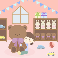 인형과 함께하는 아이의 행복한 놀이방