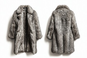Elegant faux fur coat in shades of grey and black, viewed from front and back against a white backdrop. Winter fashion essential.