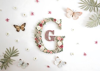 A whimsical and vibrant letter G with a splash background, featuring butterflies and flowers