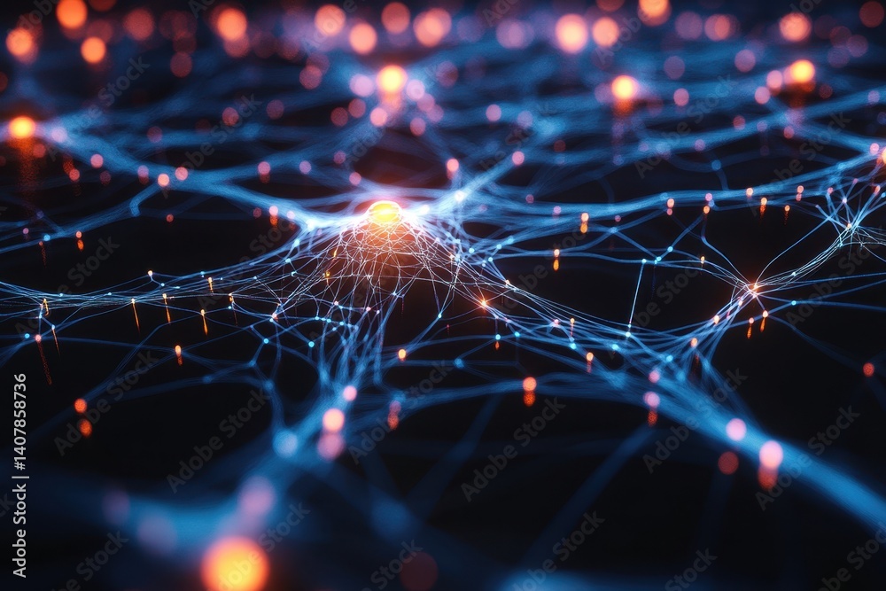 Poster digital neural network representation with glowing connections and nodes