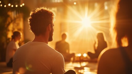 Meditation session during sunset at a wellness retreat with participants gathered in focus