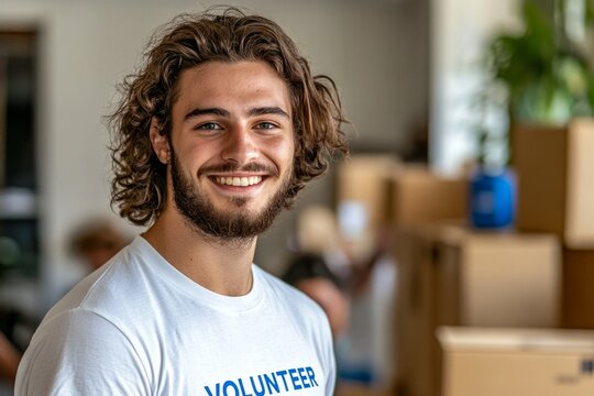 Portrait of a cheerful young man volunteering in a warehouse, surrounded by donation boxes, ready to help