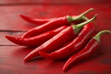 Fresh red chili peppers create a vibrant display on a rustic wooden surface