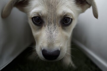 Cute puppy peeking through white fabric with captivating eyes in a cozy indoor setting