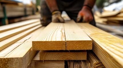 Hispanic carpenter cutting wood planks in a workshop. Featuring carpentry and woodworking