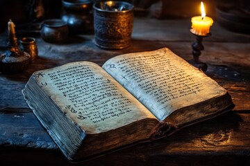 Ancient handwritten book illuminated by warm candlelight, creating a mystical and historical atmosphere