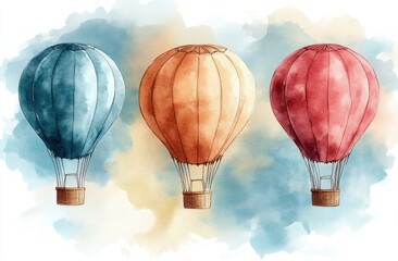 Fototapeta premium Watercolor Illustration of Vintage Hot Air Balloons, Soft Pastel Colors, Dreamy Sky Adventure with Clouds, Stars, and Moon for Baby Prints and Kids Decor