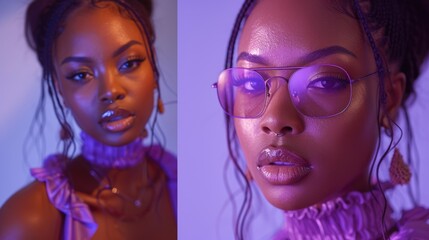 Obraz premium Purple-lit portrait of a woman with styled hair and makeup.