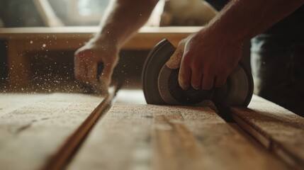 Carpenter using a circular saw to cut wood for flooring. Featuring craftsmanship and efficiency