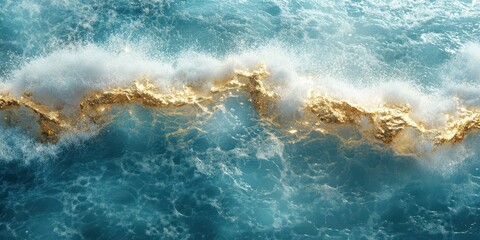 Fototapeta premium Waves crashing with golden highlights under bright sunlight in a serene ocean setting