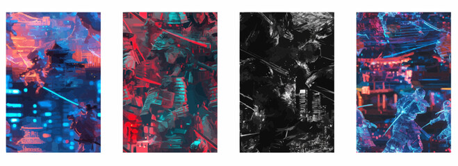 Vector pattern set of a 3D hologram samurai battling in the cityscape at night background black