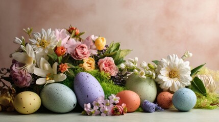 Obraz premium Easter decoration chick ornaments festive banners. Delightful Easter Eggs and Floral Arrangement with Pastel Hue Background for Spring Celebration.