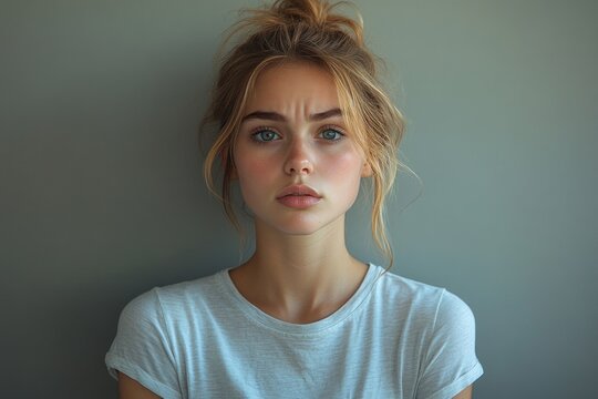 Woman with ponytail looking concerned wearing casual t-shirt