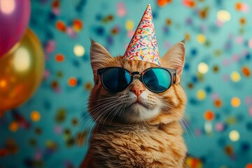 Funny ginger cat wearing sunglasses and party hat celebrating birthday with balloons and confetti
