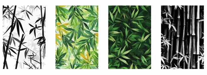 Vector pattern set of a serene bamboo forest on a green background