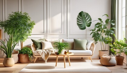 Obraz premium light living room with green houseplants and furniture