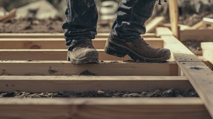 Hispanic carpenter framing a house foundation. Featuring construction and home building