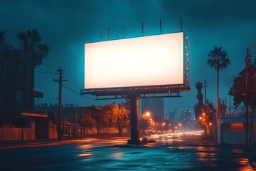 Large blank billboard glowing on a rainy night city street with palm trees and blurred car lights