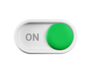 Vector cartoon 3d turn on switch button. Cute realistic 3d white toggle switch slider with green button icon and text ON. Setting toggle design element for mobile app interface, web, game, ui.