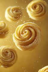 Fototapeta premium Appetizing Sweet Pastry Swirls Sprinkled with Sugar on Golden Surface