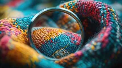 A magnifying glass placed over textile fabric, checking for thread consistency and defects in a garment factory.